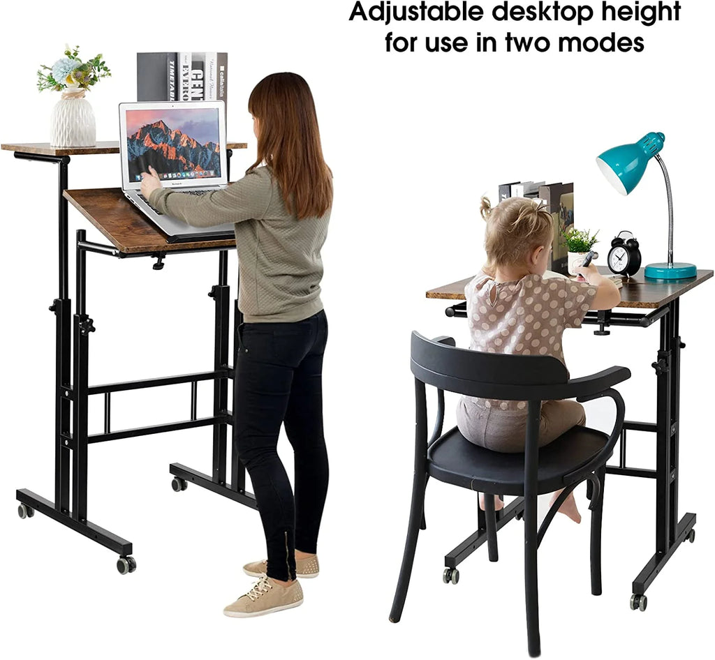 Rustic Brown Adjustable Height Rolling Desk Laptop Cart S454768