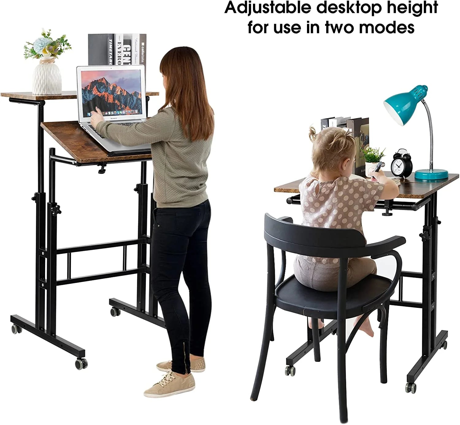 Rustic Brown Adjustable Height Rolling Desk Laptop Cart S454768