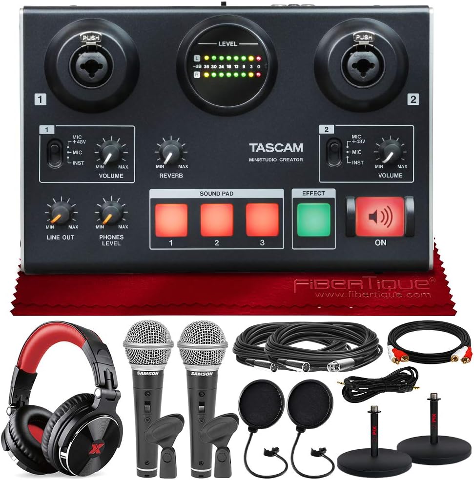 Audio Interface with 2 Samson Microphones + Headphones + Pop Filters + Goose Neck Stands + Cleaning Cloth I408994