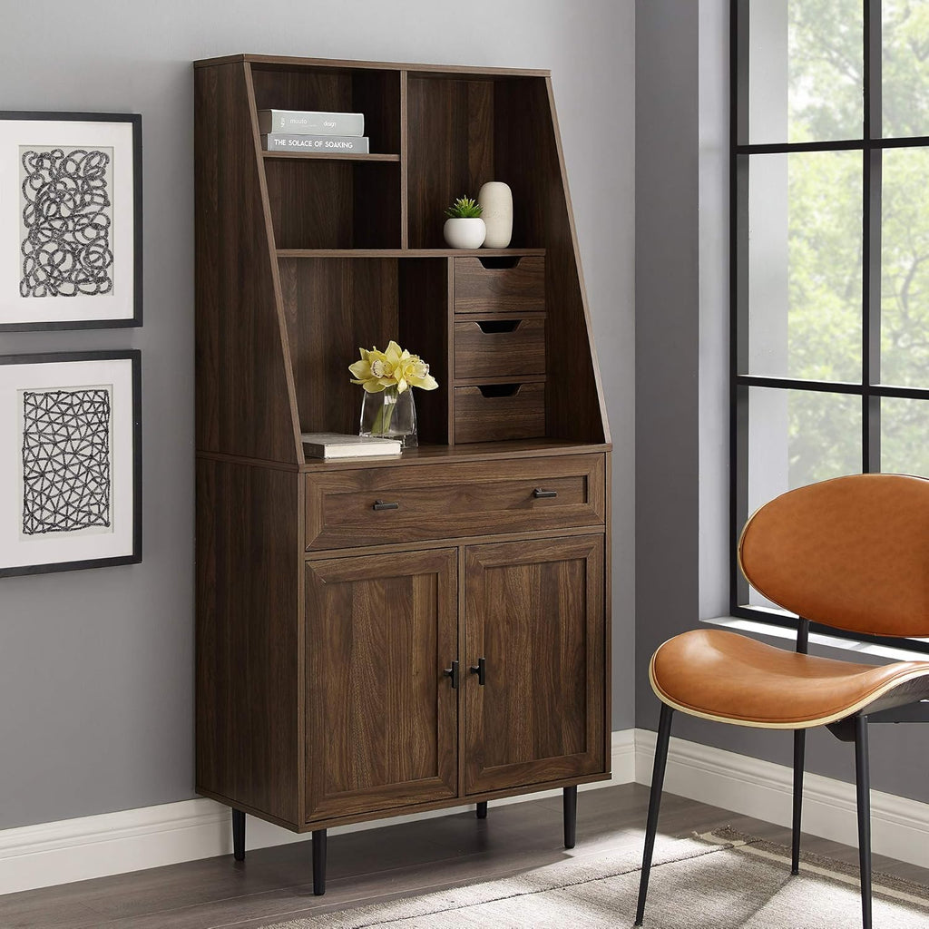 64 Inch Dark Walnut Wood Secretary Hutch Desk W6202