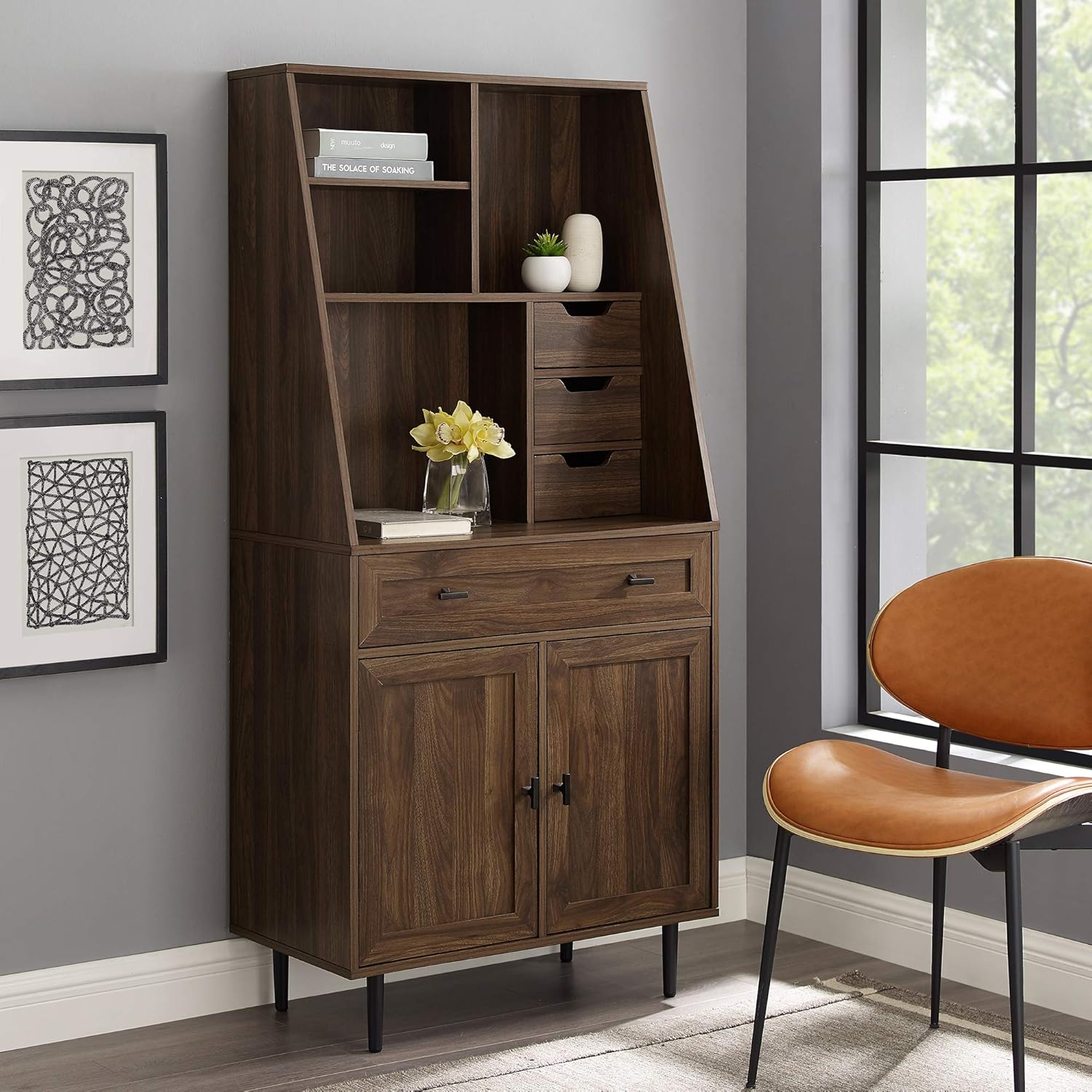 64 Inch Dark Walnut Wood Secretary Hutch Desk W6202
