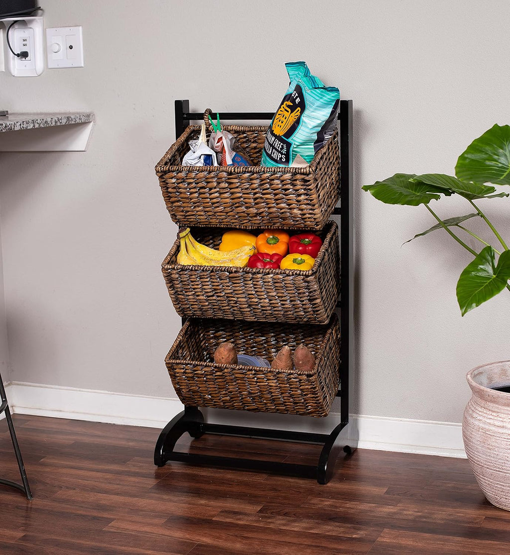 3-Tier Abaca Storage Organizer Shelf with Solid Wood Frame and 3 Baskets B4370