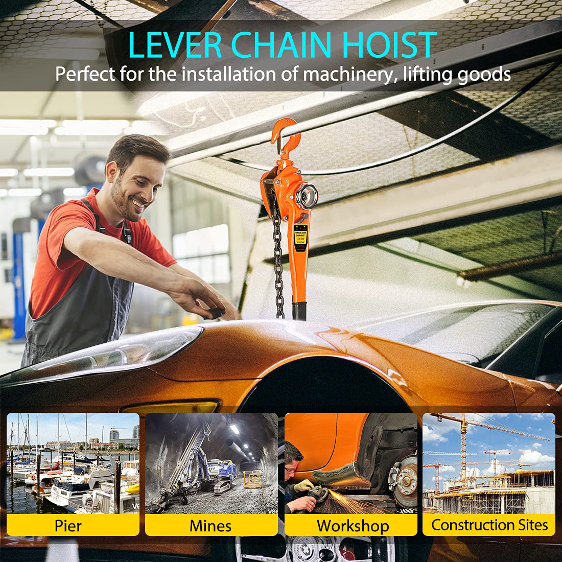 Lever Chain Hoist 3/4 Ton Capacity 5 Feet with 2 Hooks Pack of 2 U39672