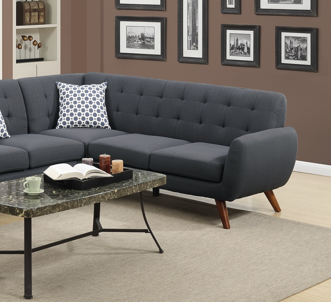 Ash Black Linen Like Fabric Sectional Sofa Couch S319