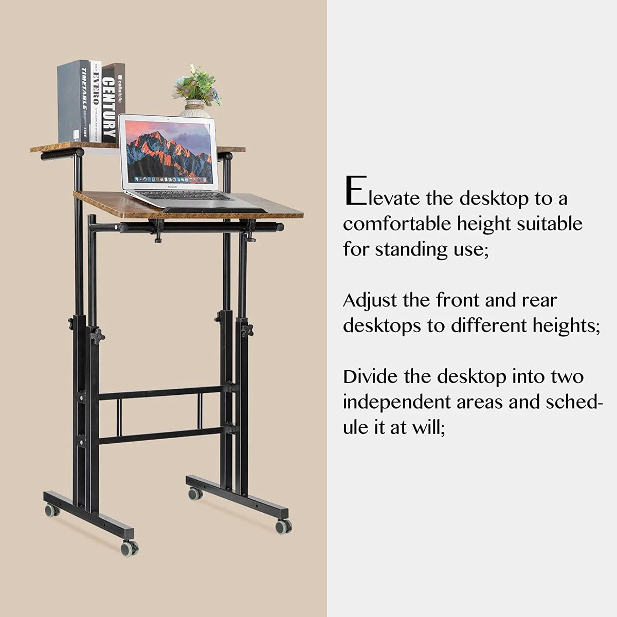 Rustic Brown Adjustable Height Rolling Desk Laptop Cart S454768