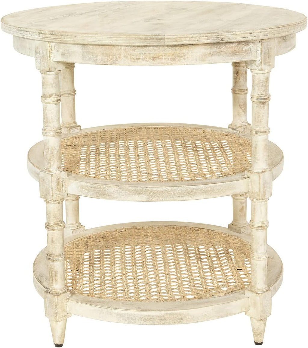 Round Mango Wood Table with 2 Cane Shelves, Grey E40010