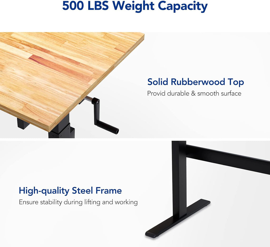 Height-Adjustable Work Table with Crank Handle, 500-lb Capacity Rubberwood Top T98598