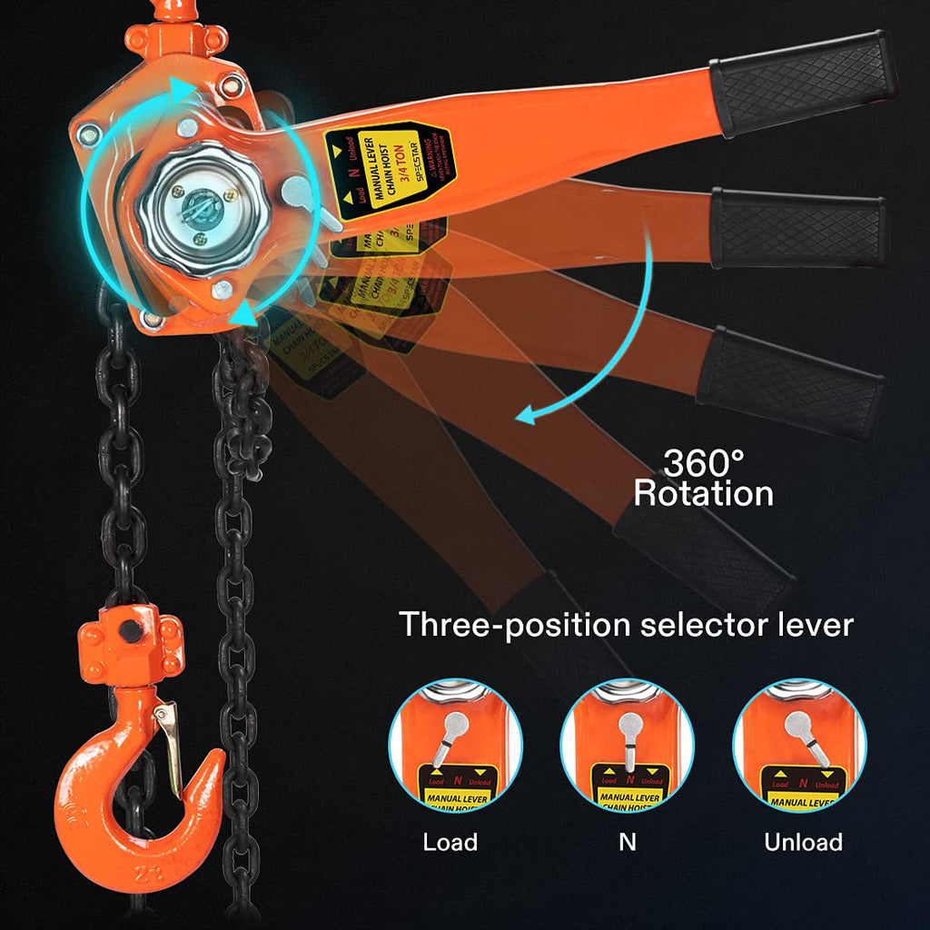 Lever Chain Hoist 3/4 Ton Capacity 5 Feet with 2 Hooks Pack of 2 U39672