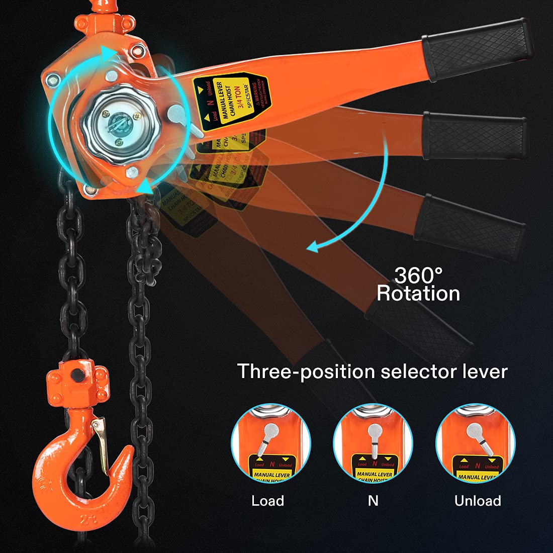 Lever Chain Hoist 3/4 Ton Capacity 5 Feet with 2 Hooks Pack of 2 U39672