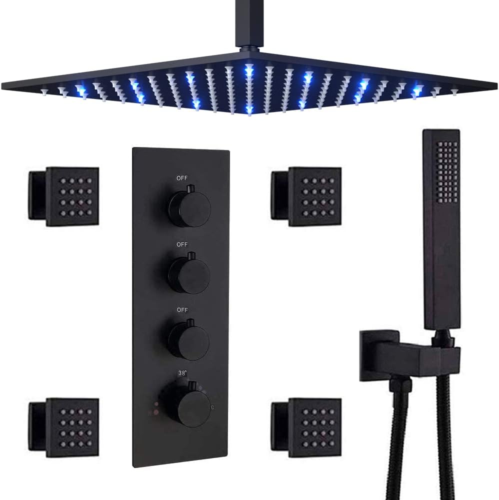 Matte Black Thermostatic Shower System 16 Inch LED Shower Head 4 PCS Body Spray Set N604928