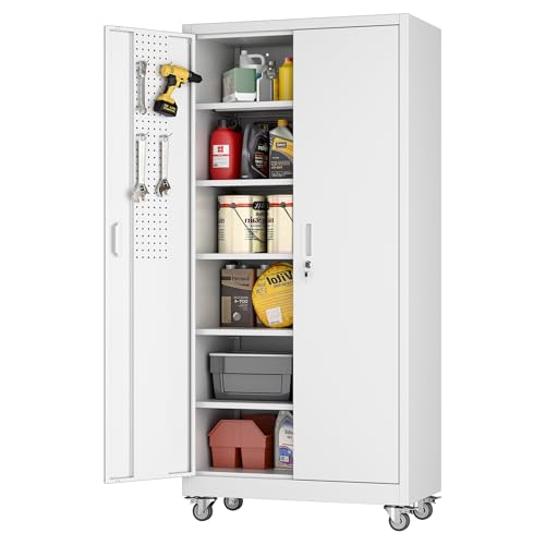 Lockable Rolling Steel Storage Cabinet with 5 Adjustable Shelves and Door (Black and Grey) W708