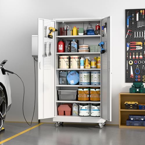 Lockable Rolling Steel Storage Cabinet with 5 Adjustable Shelves and Door (Black and Grey) W708