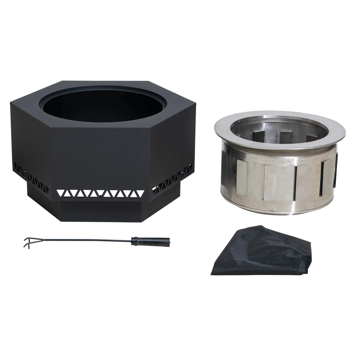 Black Hexagonal Smokeless Fire Pit with PVC Cover and Fire Poker D88520