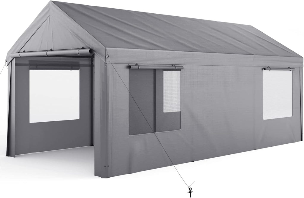 10x20ft Heavy Duty Carport with 8 Legs 4 Mesh Windows, Removable Walls&Doors C576