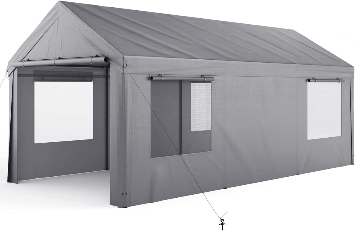 10x20ft Heavy Duty Carport with 8 Legs 4 Mesh Windows, Removable Walls&Doors C576