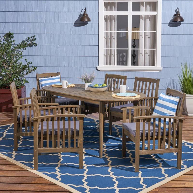 7 Piece Outdoor Acacia Wood Dining Set in Gray and Dark Gray O158