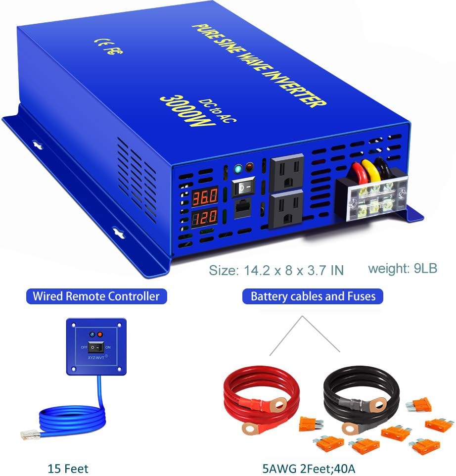 3000W Pure Sine Wave Power Inverter 36V DC to AC 120V 110V with 15ft Cable Remote Switch Controller N177906