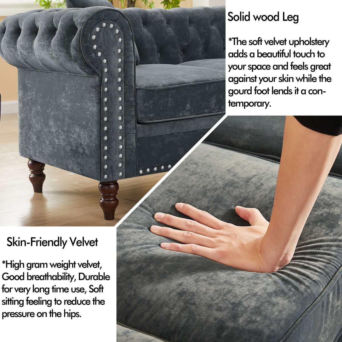 Gray Velvet Button Tufted L-shaped Sofa D53191