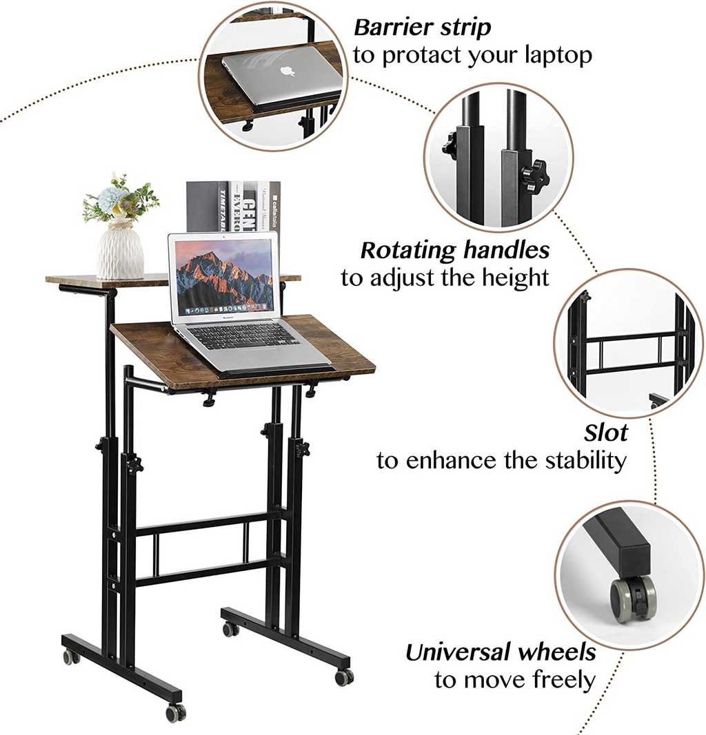 Rustic Brown Adjustable Height Rolling Desk Laptop Cart S454768