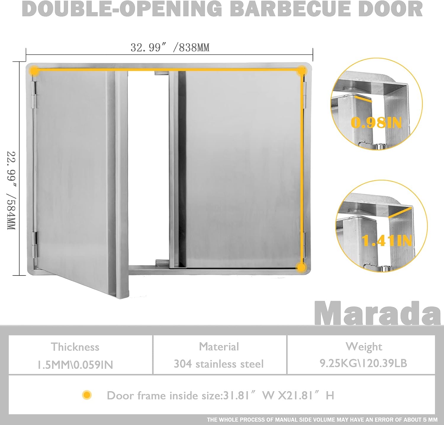 Stainless Steel Double Wall Outdoor Kitchen BBQ Access Door 33W x 23H Inch Z414444