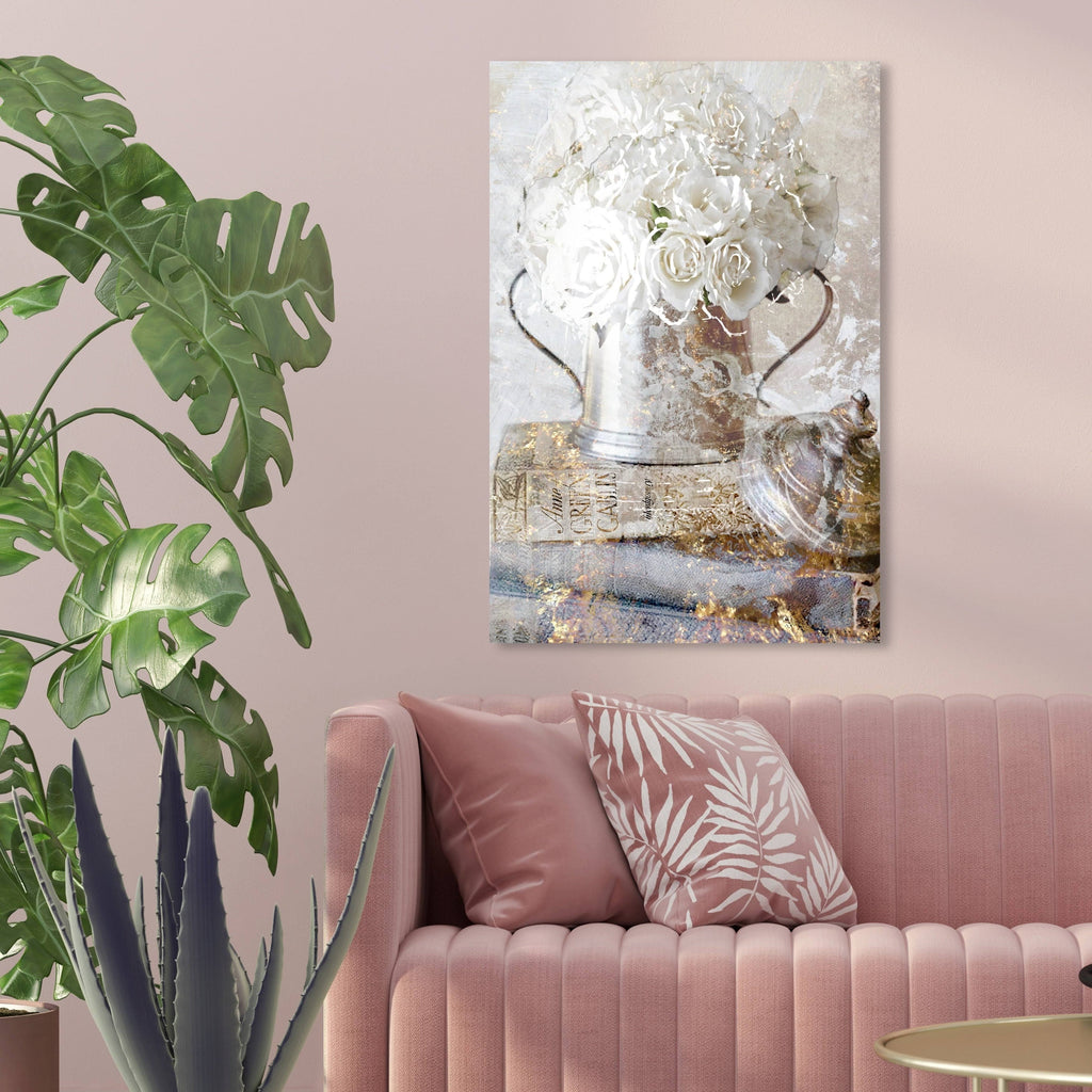 White Romantic Roses Floral Canvas J28834