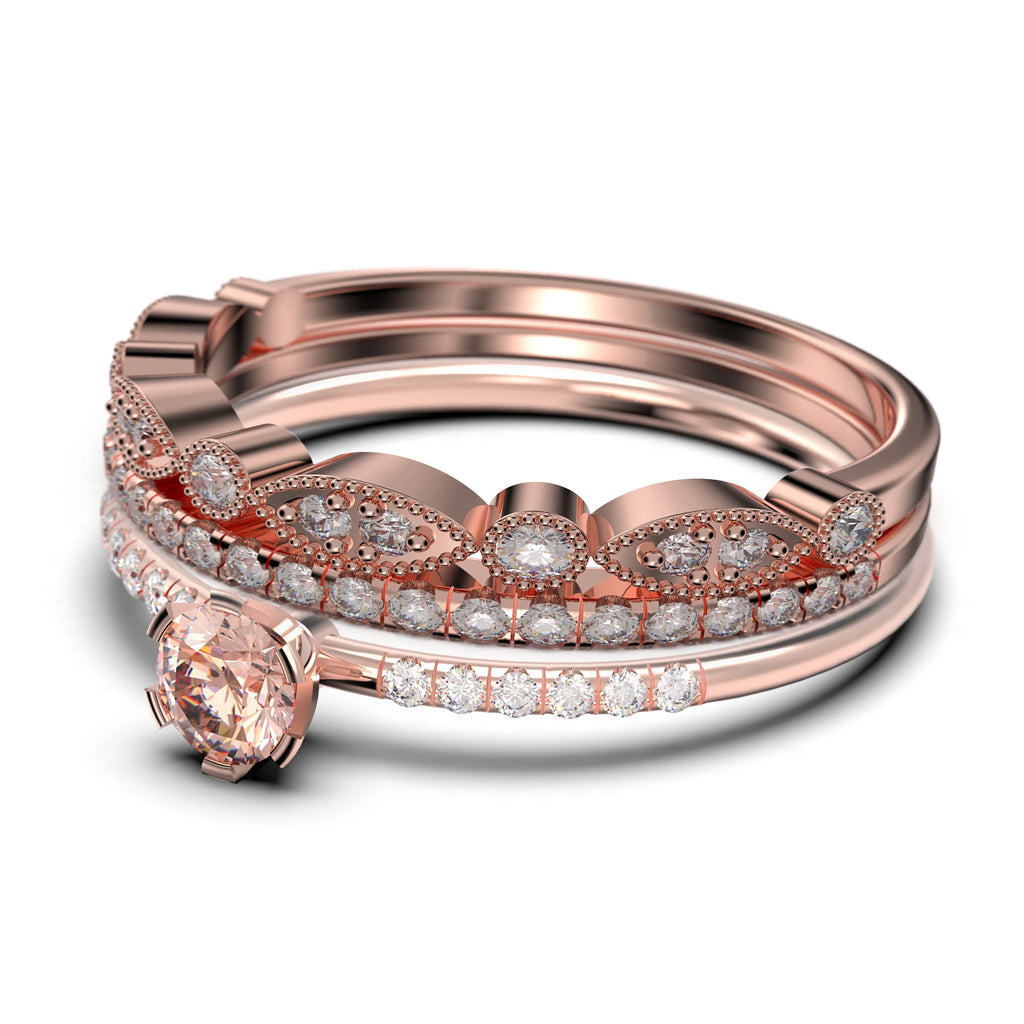 1.55 Carat Round Cut Morganite And Diamond Moissanite Engagement Ring Trio Set in 925 Sterling Silver With 18k Rose Gold Plating L380064