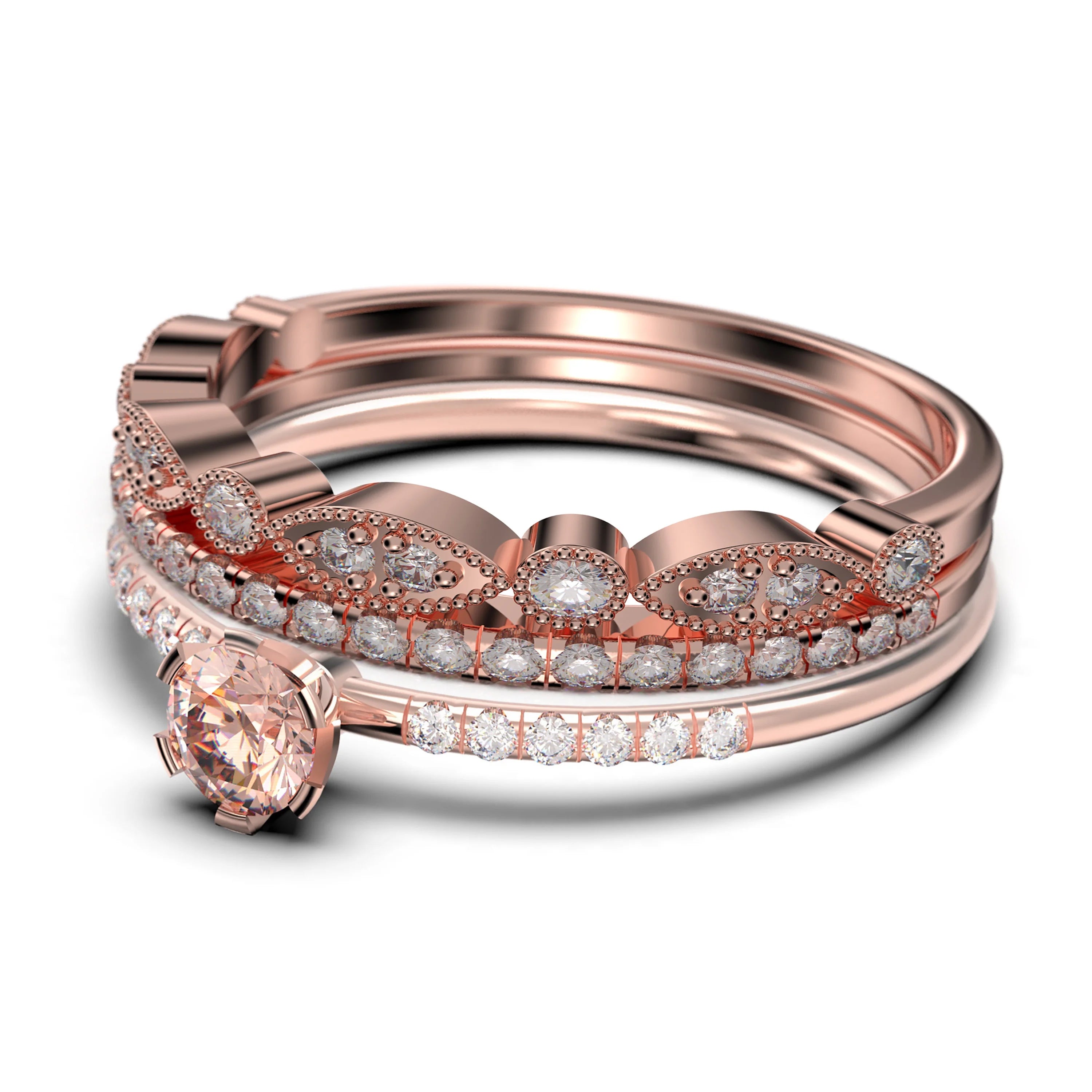 1.55 Carat Round Cut Morganite And Diamond Moissanite Engagement Ring Trio Set in 925 Sterling Silver With 18k Rose Gold Plating L380064