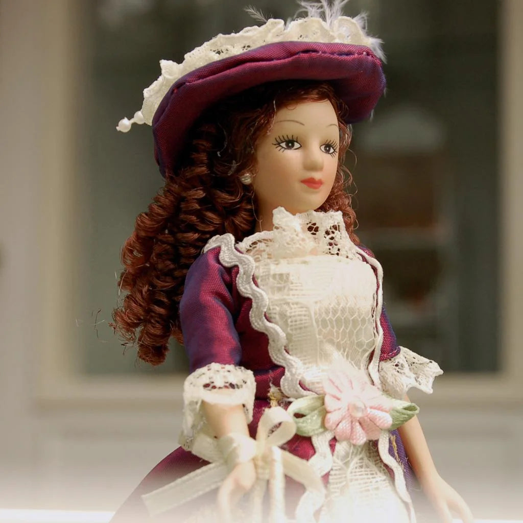 Porcelain Women Dolls with Brown Curly Hair in Elegant Dress and Hat G1129