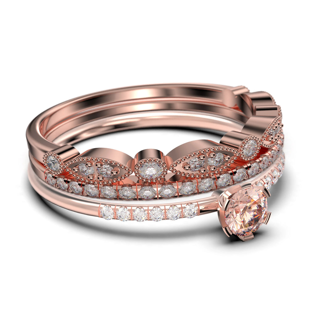 1.55 Carat Round Cut Morganite And Diamond Moissanite Engagement Ring Trio Set in 925 Sterling Silver With 18k Rose Gold Plating L380064