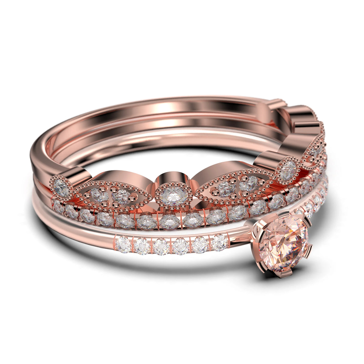 1.55 Carat Round Cut Morganite And Diamond Moissanite Engagement Ring Trio Set in 925 Sterling Silver With 18k Rose Gold Plating L380064
