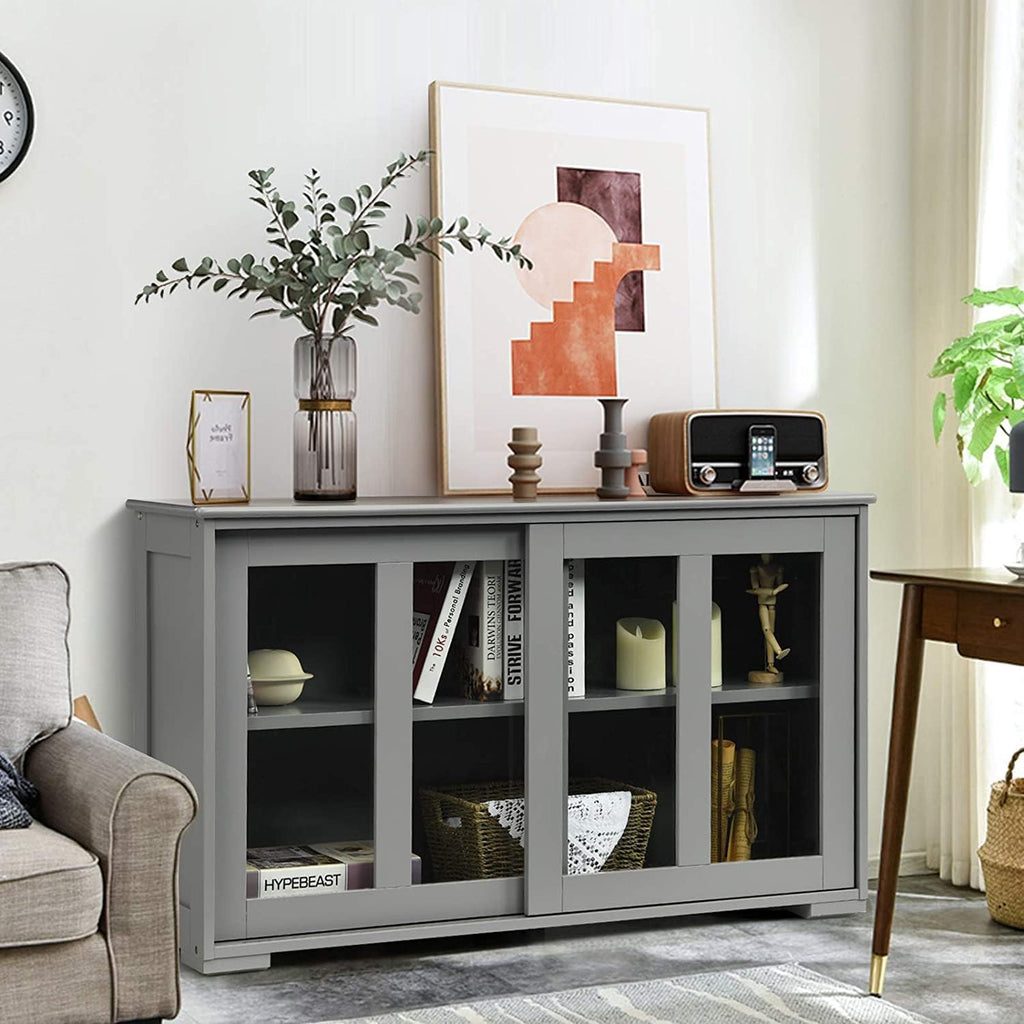 White Stackable Kitchen Sideboard with Sliding Glass Doors and Adjustable Shelf B45038