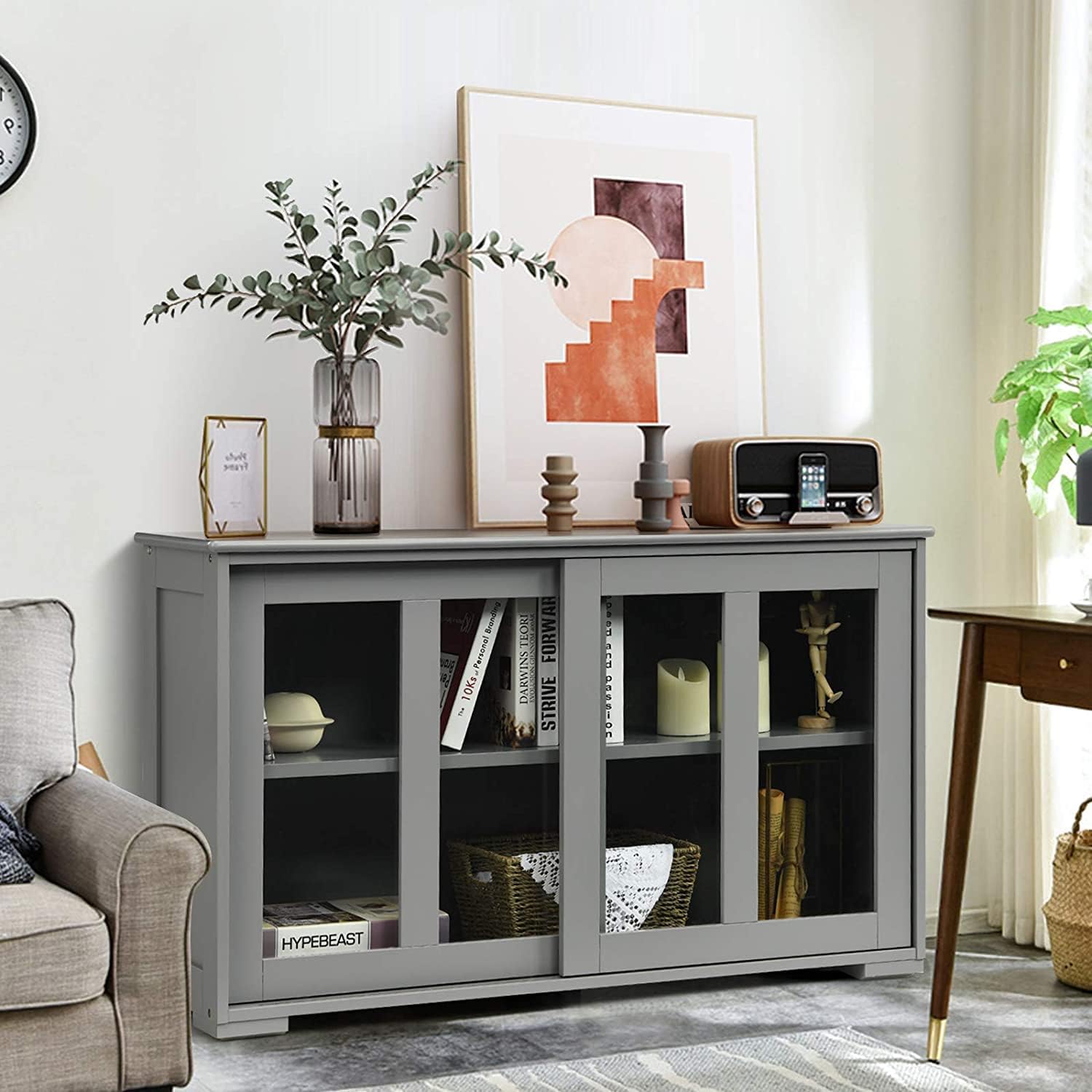 White Stackable Kitchen Sideboard with Sliding Glass Doors and Adjustable Shelf B45038