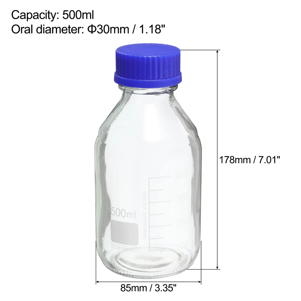 500mL Clear Graduated Glass Storage Bottle Blue Cap 2 Pack C638385