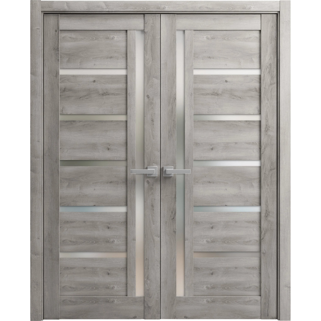 Solid French Double Doors 48 x 96 inches Frosted Glass Wood L391