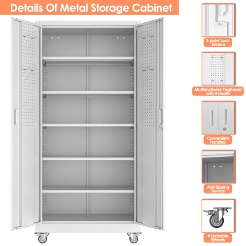 Lockable Rolling Steel Storage Cabinet with 5 Adjustable Shelves and Door (Black and Grey) W708