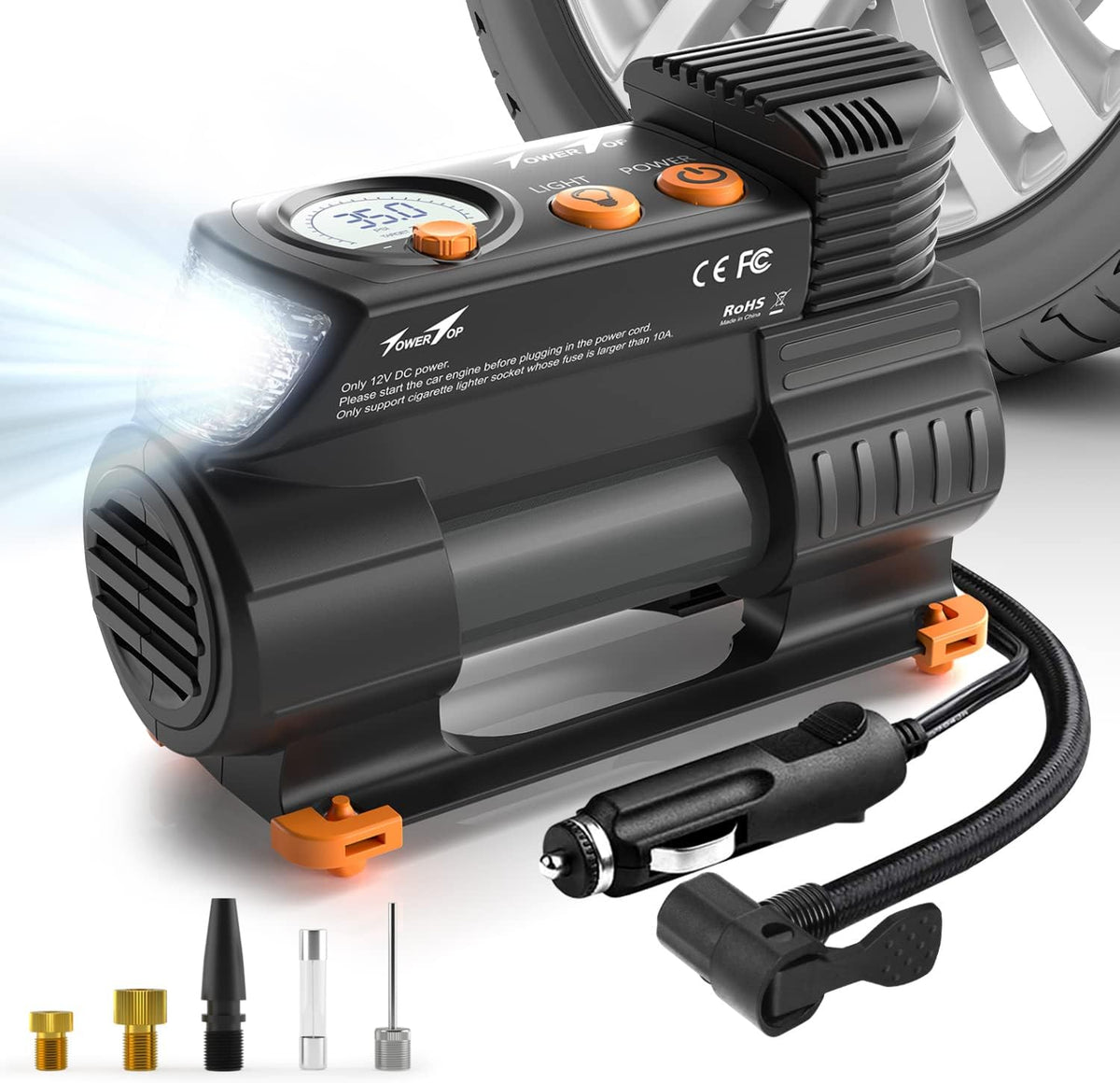 Portable 12V DC Air Pump Tire Inflator with Digital Pressure Gauge, LED Emergency Lights, Pack of 2 V591