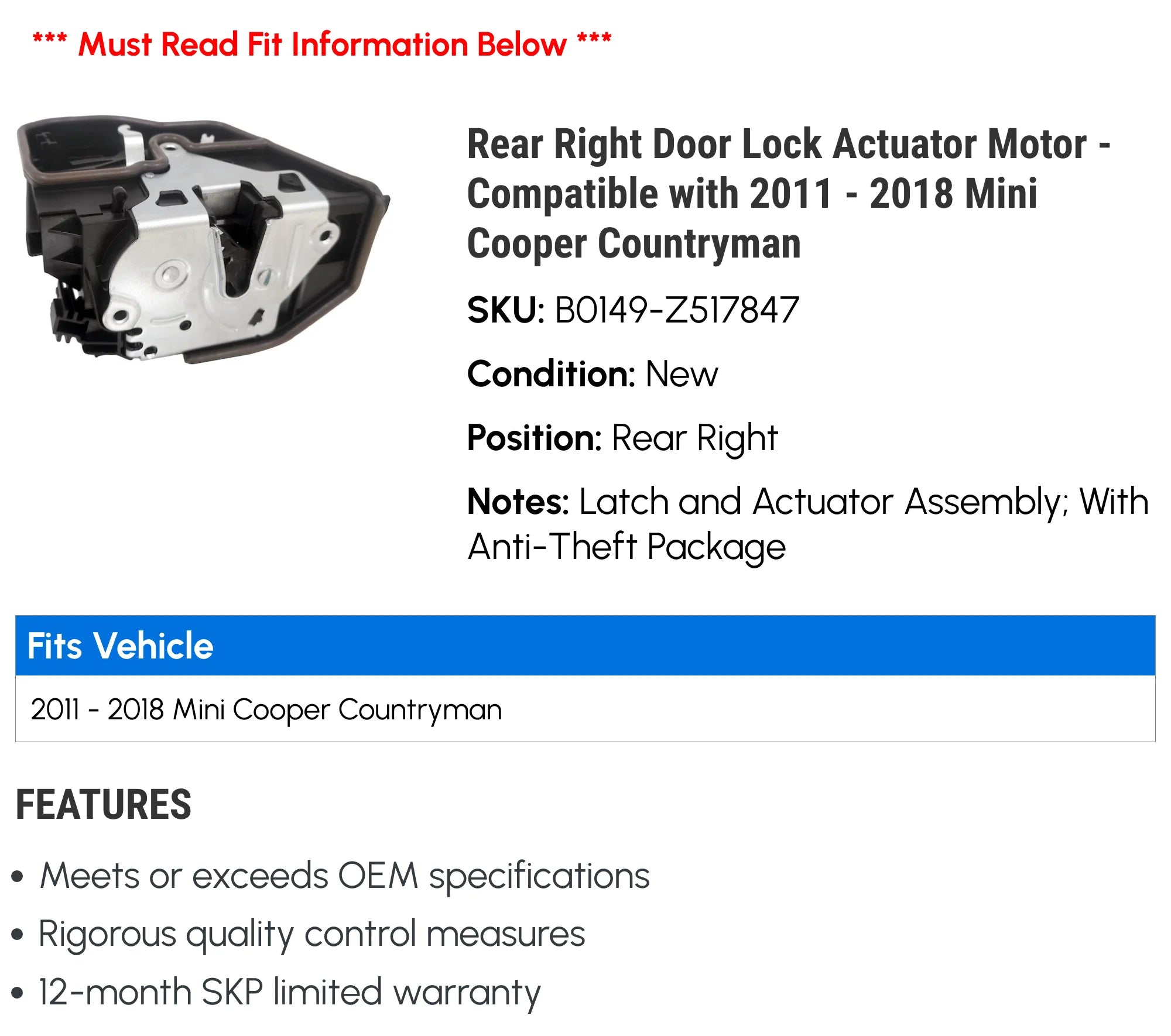 Rear Right Door Lock Actuator Motor F900