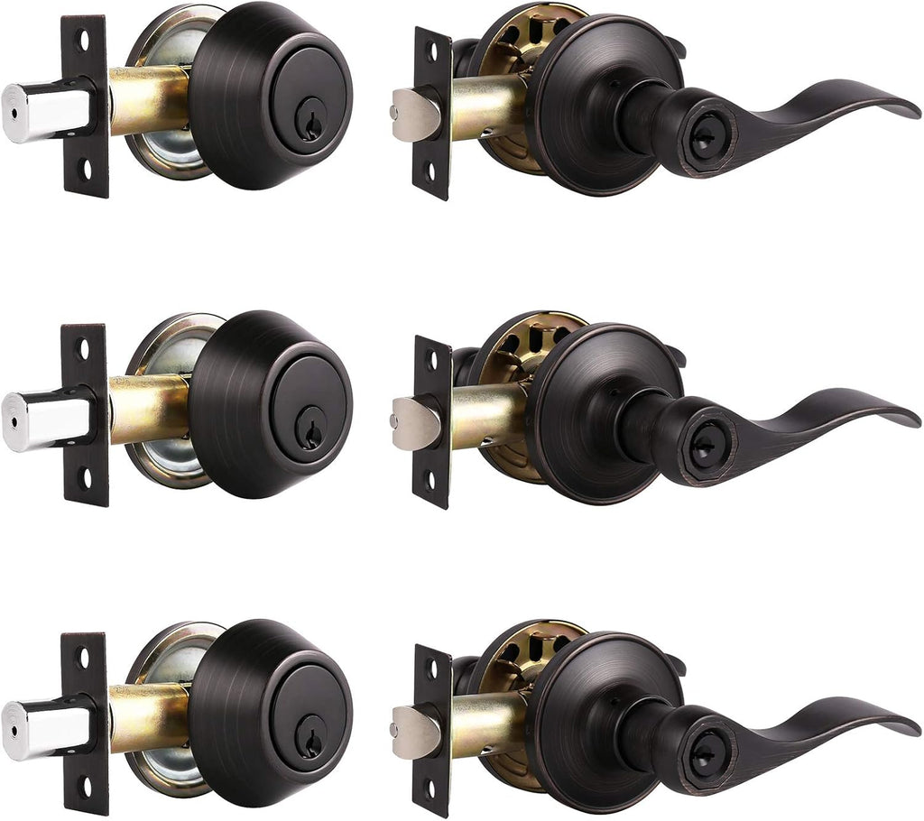 Oil Rubbed Bronze Exterior Entry Lever and Single Cylinder Deadbolt Combo Pack, Keyed Alike Lockset Handleset P274