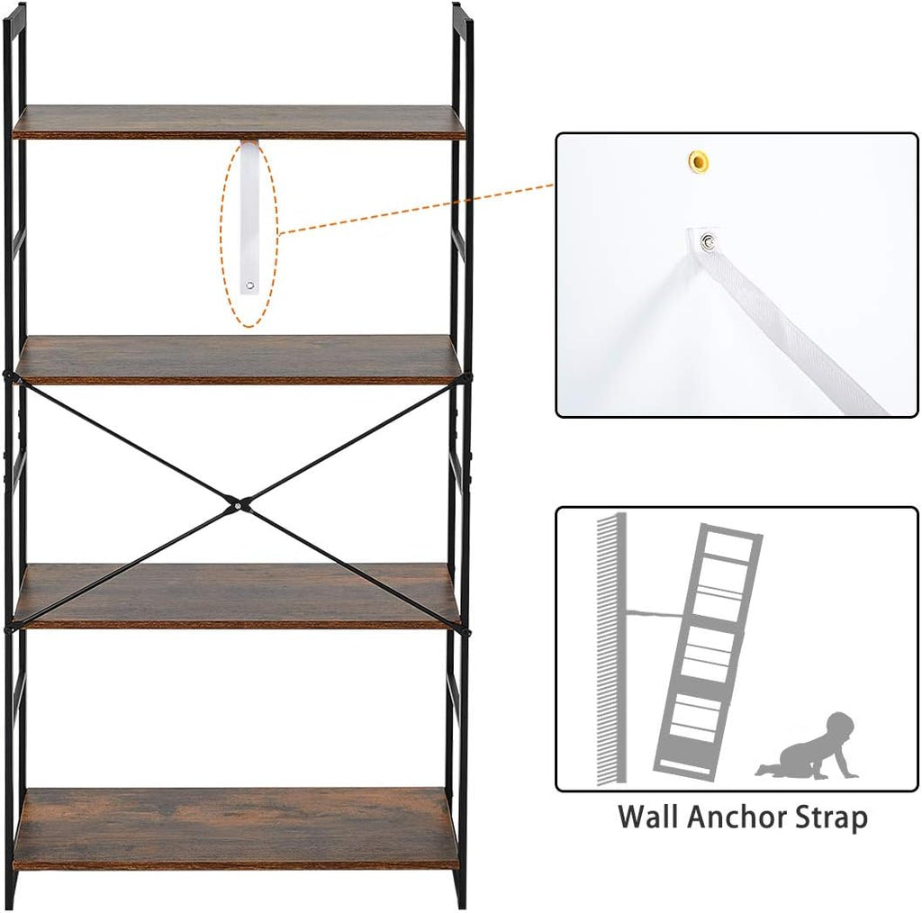 4 Tier Rustic Wood and Metal Frame Bookshelf R733