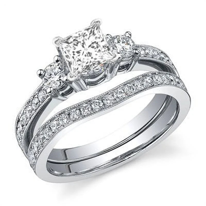 Three Stone Diamond Bridal Set 1 Carat Princess Cut Diamond 10k Gold P15891