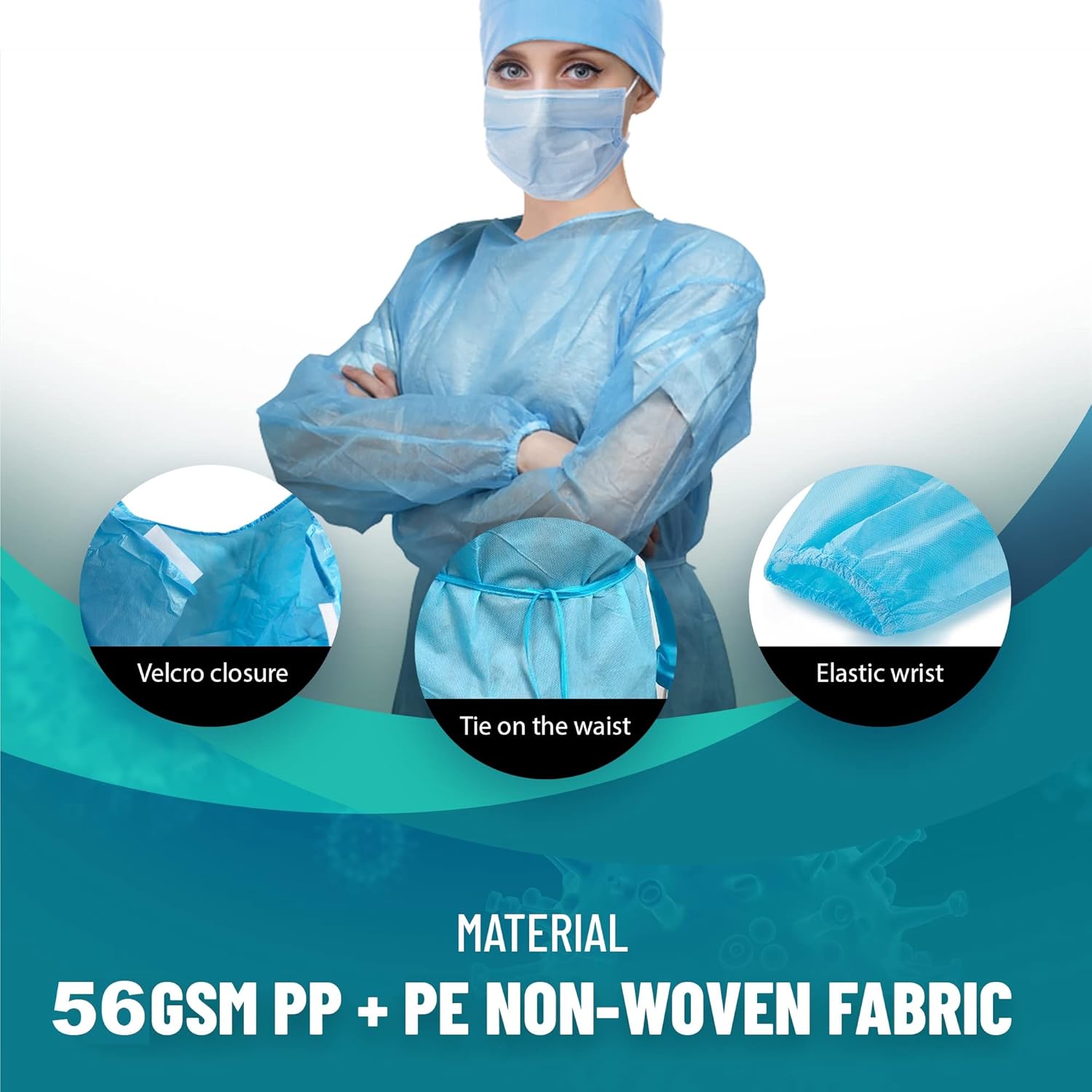 100 Pack Disposable Isolation Gowns Blue Level 2 SMS 40gsm Non-Woven Material G6241