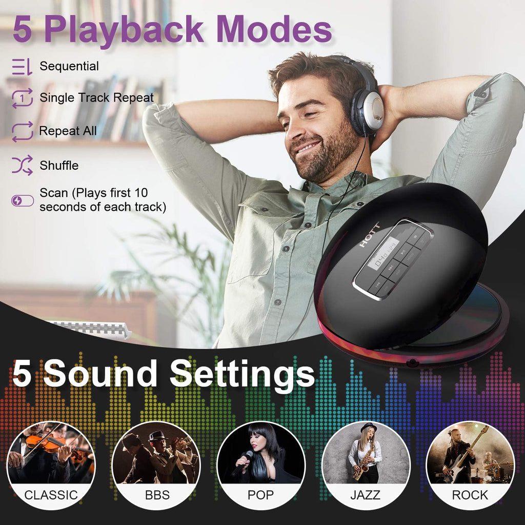 Portable CD Player with LCD Display Anti-Skip Headphones USB Cable Black Pack of 2 L82873