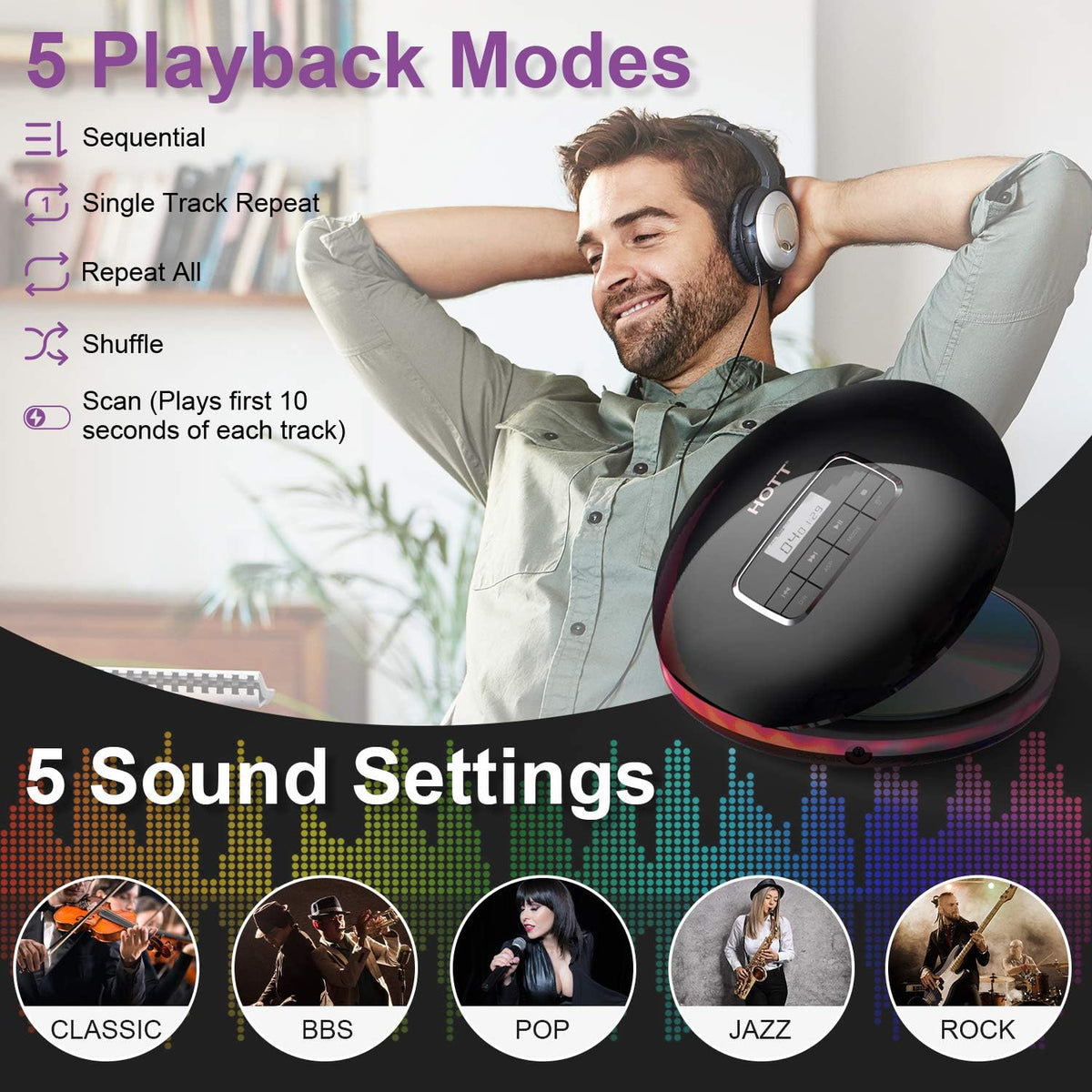 Portable CD Player with LCD Display Anti-Skip Headphones USB Cable Black Pack of 2 L82873