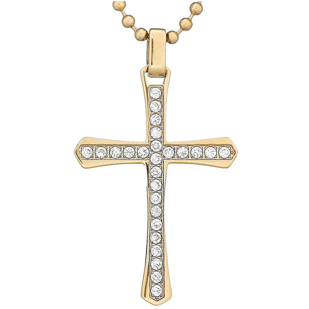 CZ Stainless Steel Gold-Tone Cross Pendant, 24" Chain M547
