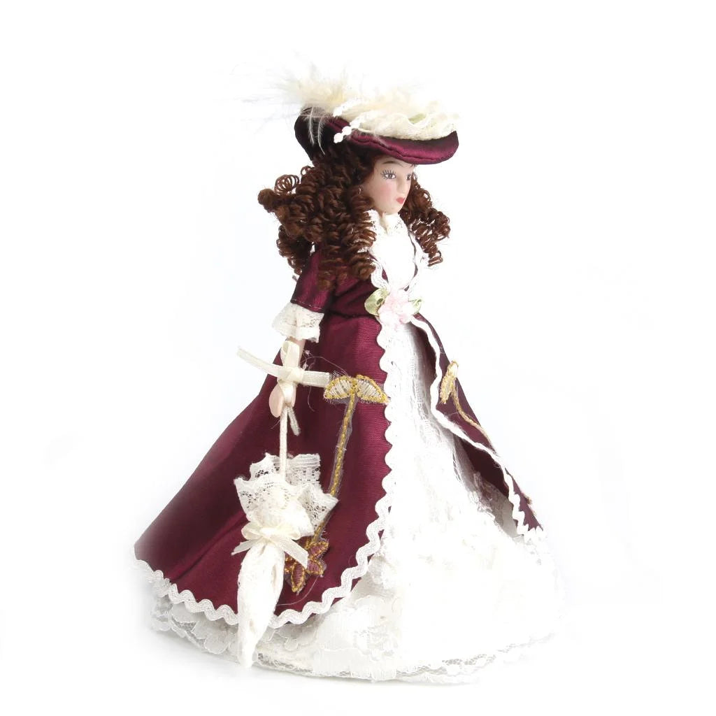 Porcelain Women Dolls with Brown Curly Hair in Elegant Dress and Hat G1129