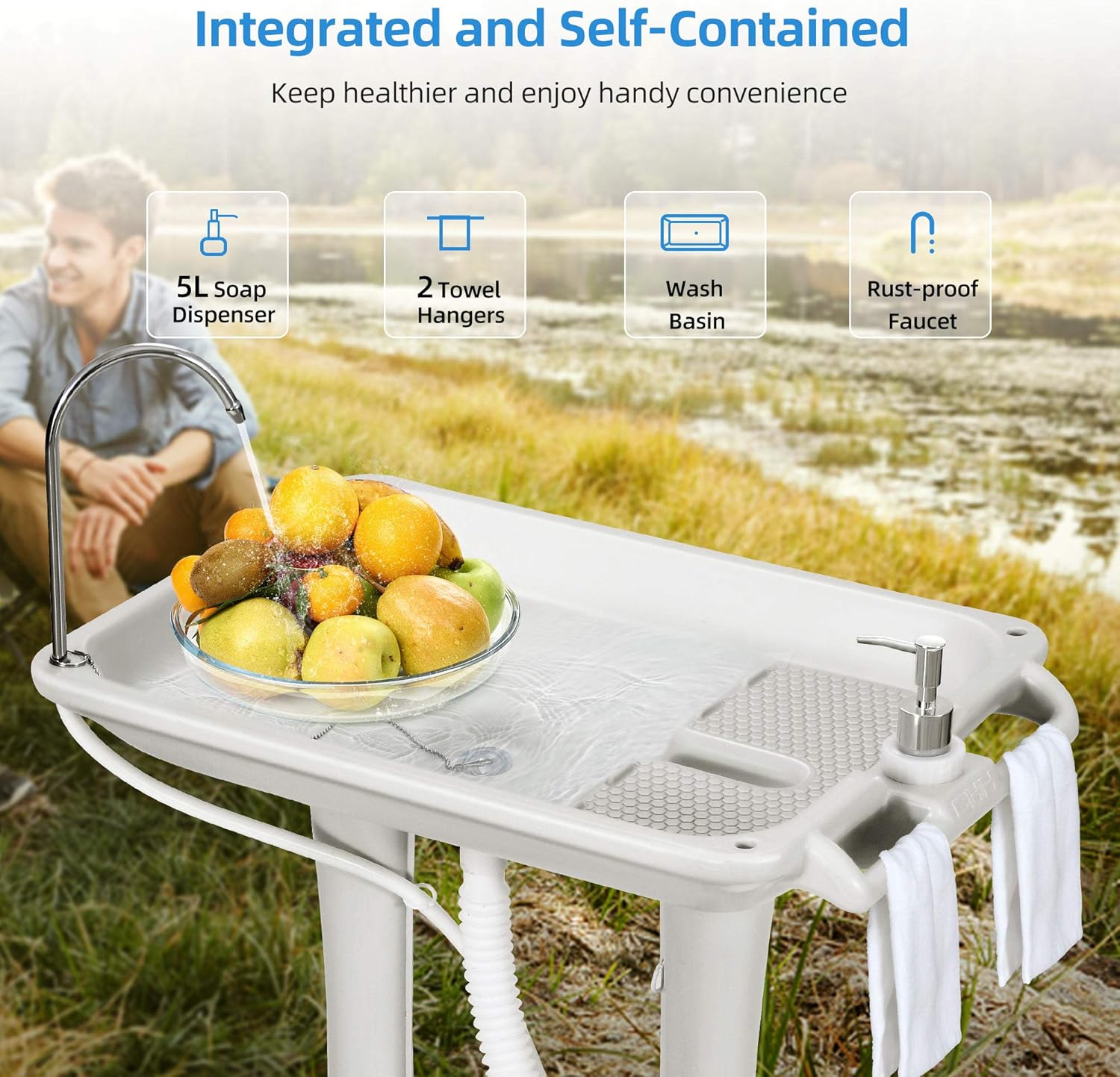 Portable Sink Camping 30 L with Rolling Wheels, Hand Washing Station with 30 L Sewage Tank U75335