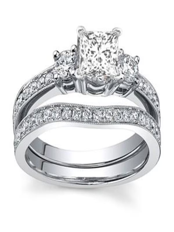 Three Stone Diamond Bridal Set 1 Carat Princess Cut Diamond 10k Gold P15891