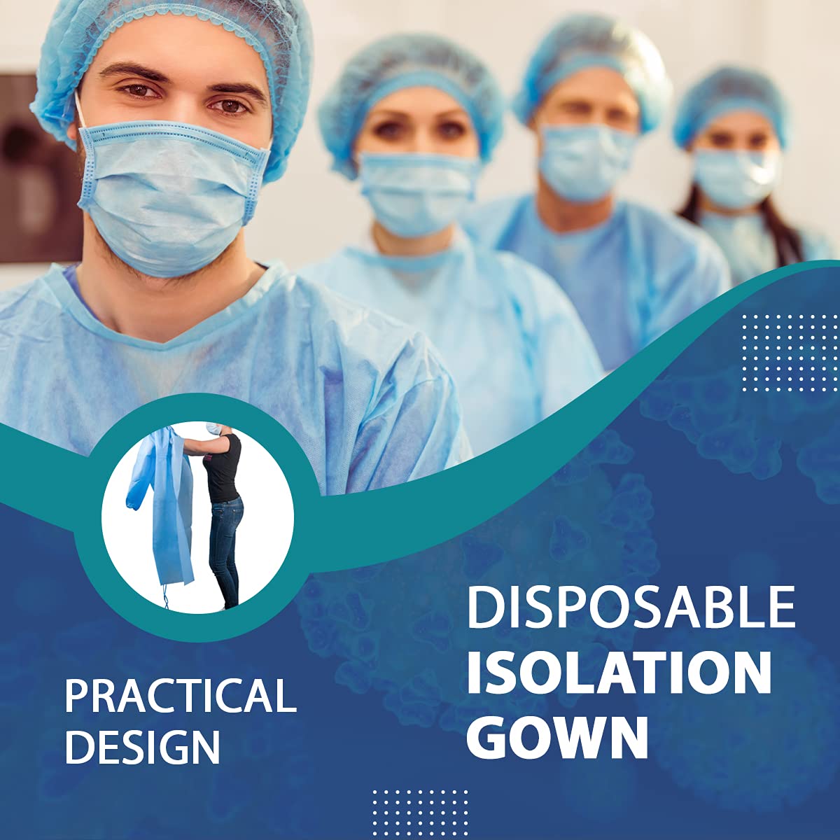 100 Pack Disposable Isolation Gowns Blue Level 2 SMS 40gsm Non-Woven Material G6241