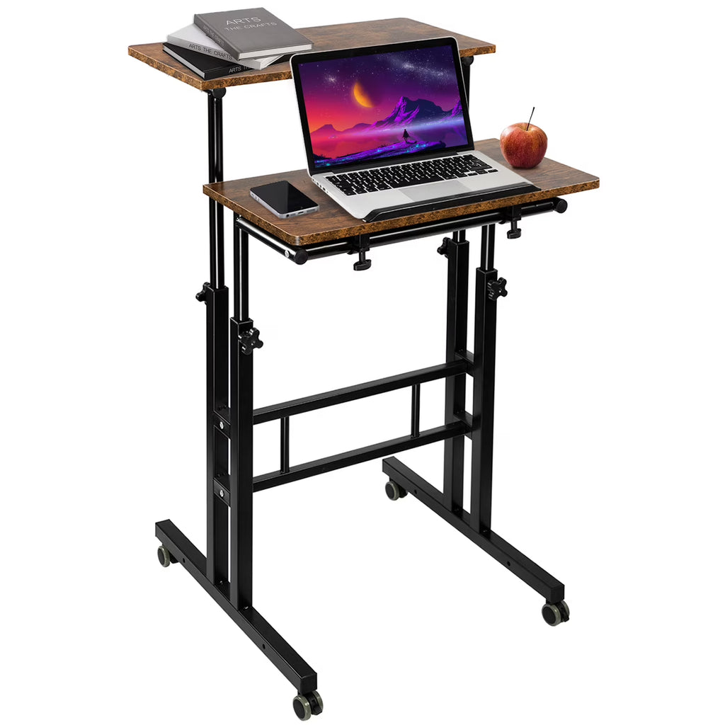 Rustic Brown Adjustable Height Rolling Desk Laptop Cart S454768