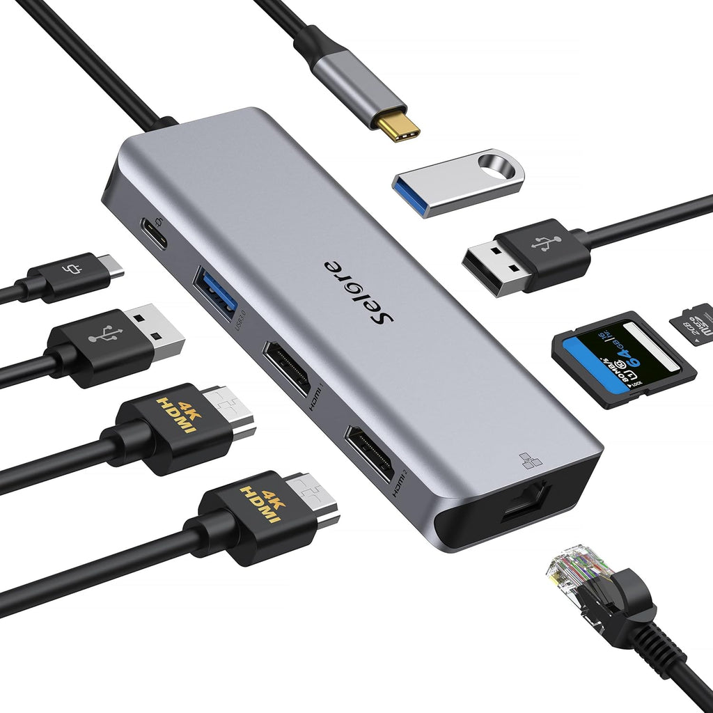 9 in 1 USB C Docking Station Dual Monitor Hub with Ethernet, USB 3.0, SD Card Reader, 100W PD O6883